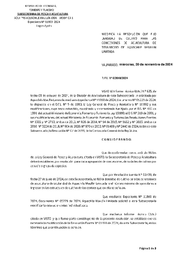 Res. Ex. N° 2618-2024 Modifica Res. Ex. N° 1499-2024 Fija densidad de cultivo para las concesiones de acuicultura de titularidad de Empresas Aquachile Maullín Limitada. Aprueba programa de manejo que indica. (Con Informe Técnico) (Publicado en Página Web 21-11-2024)