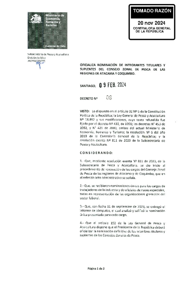 D.S. 6-2024 Oficializa Nominación de Integrantes Titulares y Suplentes del Consejo Zonal de Pesca de las Regiones de Atacama y Coquimbo. (Publicado en Página Web 22-11-2024)