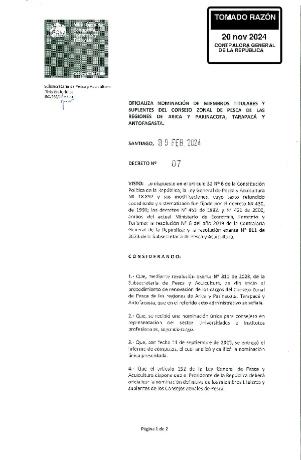 D.S. N° 7-2024 Oficializa Nominación de Integrantes Titulares y Suplentes del Consejo Zonal de Pesca de las Regiones de Arica y Parinacota, Tarapacá y Antofagasta. (Publicado en Página Web 22-11-2024)