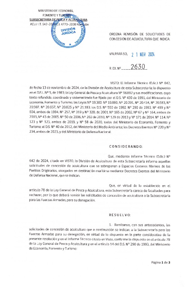 Res. Ex. N° 2630-2024 Ordena remisión de solicitudes de concesión de acuicultura que indica. (Publicado en Página Web 22-11-2024)