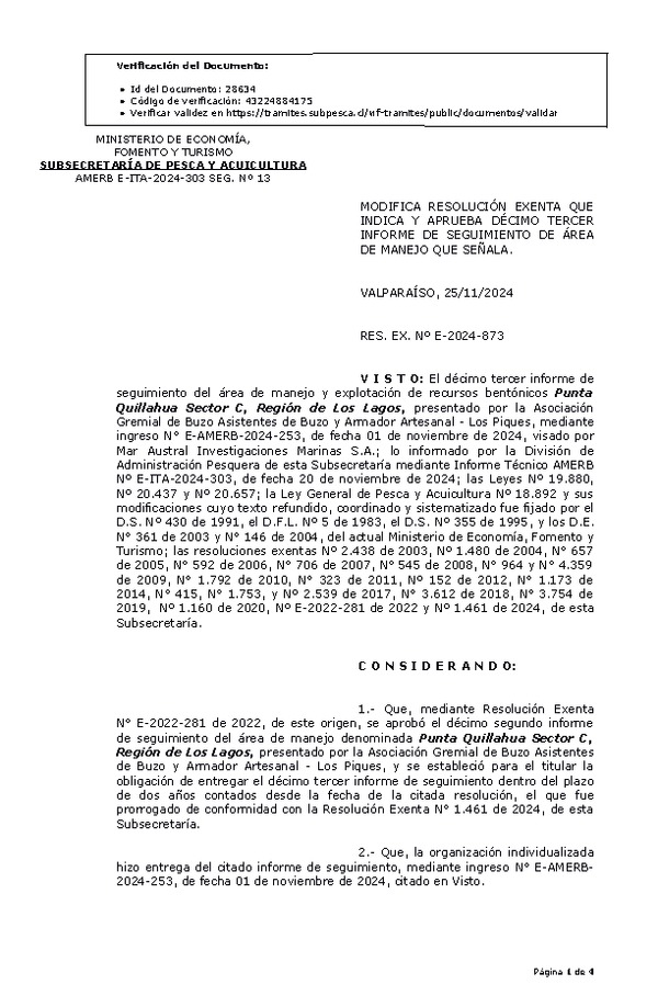 RESOL. EXENTA Nº E-2024-873 Modifica Resolución Exenta que Indica y Aprueba 13° Seguimiento. (Publicado en Página Web 26-11-2024)