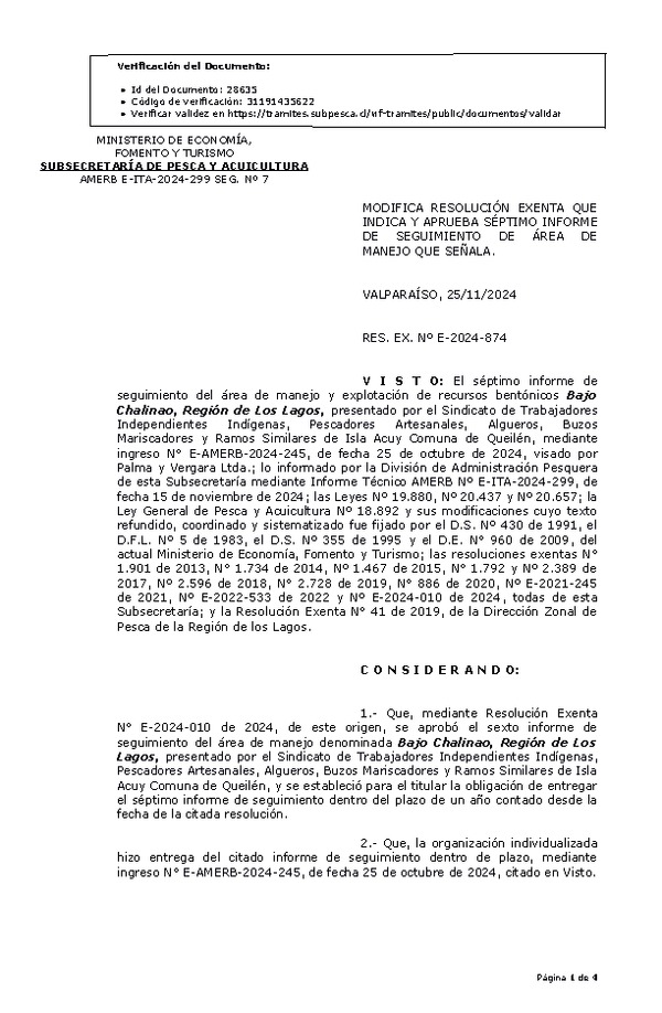 RESOL. EXENTA Nº E-2024-874 Modifica Resolución Exenta que Indica y Aprueba 7° Seguimiento. (Publicado en Página Web 26-11-2024)
