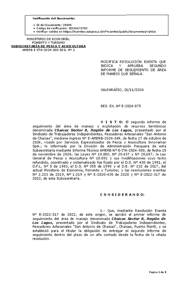 RESOL. EXENTA Nº E-2024-875 Modifica Resolución Exenta que Indica y Aprueba 2° Seguimiento. (Publicado en Página Web 26-11-2024)