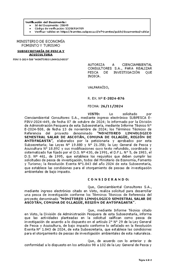 R. EX. Nº E-2024-876 AUTORIZA A CIENCIAMBIENTAL CONSULTORES S.A., PARA REALIZAR PESCA DE INVESTIGACIÓN QUE INDICA. (Publicado en Página Web 26-11-2024)