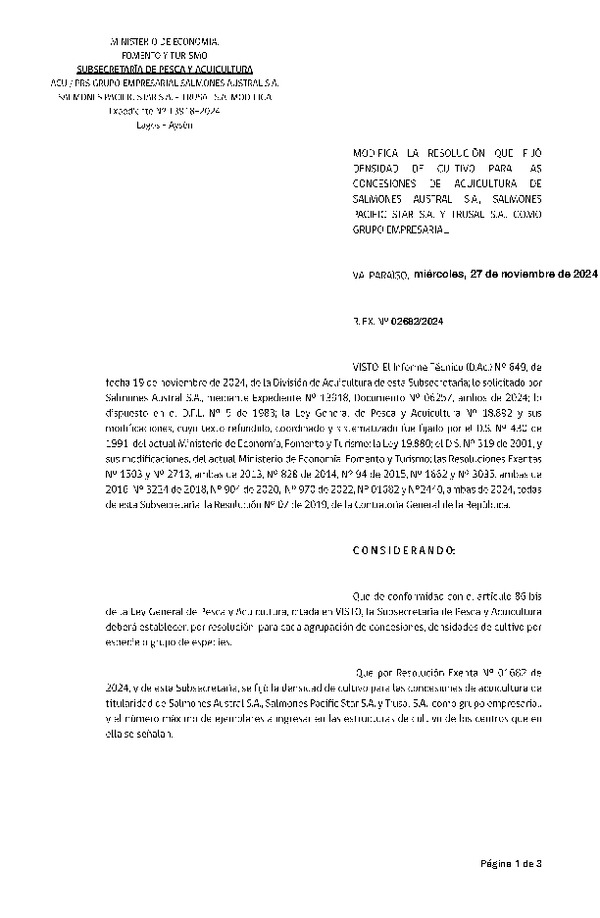 Res. Ex. N° 2682-2024 Modifica Res. Ex. N° 1682-2024 Fija densidad de cultivo para las concesiones de acuicultura de titularidad de Salmones Austral S.A., Salmones Pacific Strar S.A. y Trusal S.A., como grupo empresarial. Aprueba Programa de Manejo que Indica. (Con informe técnico) (Publicado en Página Web 27-11-2024)