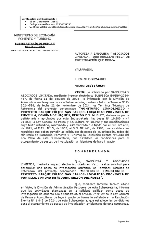 R. EX. Nº E-2024-881 AUTORIZA A SANGÜESA Y ASOCIADOS LIMITADA., PARA REALIZAR PESCA DE INVESTIGACIÓN QUE INDICA. (Publicado en Página Web 28-11-2024)