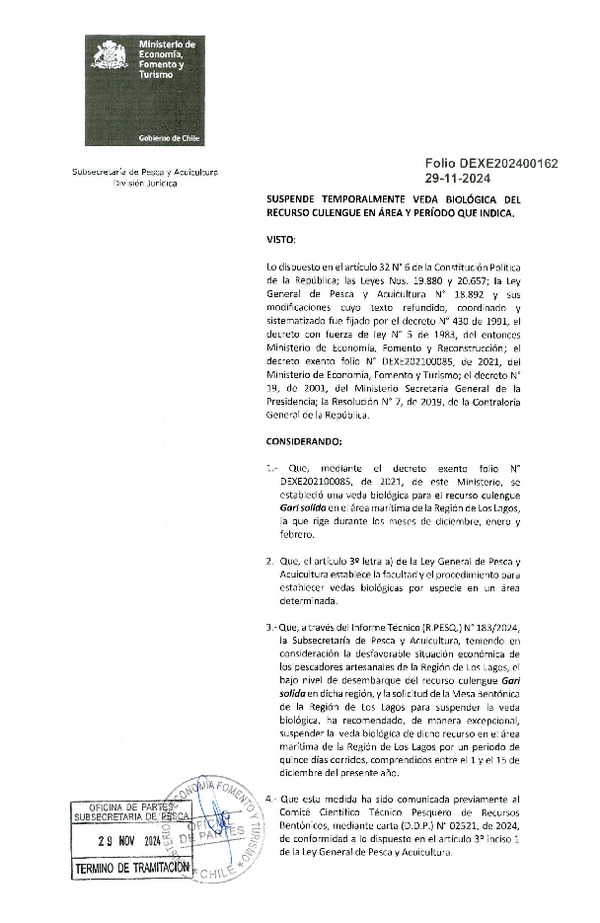 Dec. Ex. Folio 202400162 Suspende Temporalmente veda biológica del recurso Culengue en Área y Período que indica.. (Publicado en Página Web 29-11-2024)