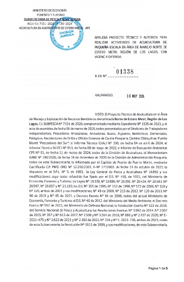 Res. Ex N° 1338-2024, Aprueba proyecto técnico y autoriza para realizar actividades de Acuicultura de Pequeña Escala Experimental en área de Manejo Norte de Estero Metri, Región de Los Lagos, con Vigencia Diferida. (Publicado en Página Web 02-12-2024).