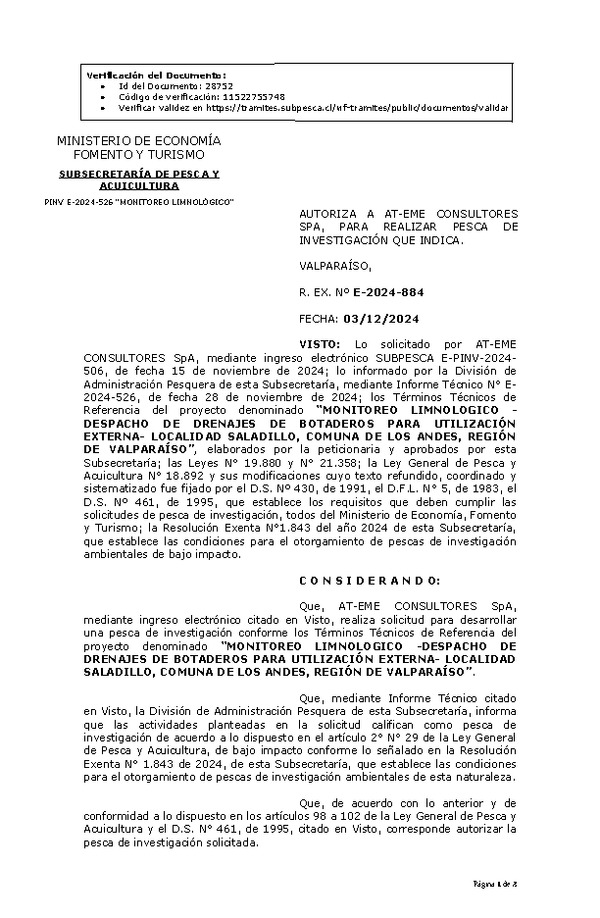 Res. Ex. Nº E-2024-884 AUTORIZA A AT-EME CONSULTORES SPA, PARA REALIZAR PESCA DE INVESTIGACIÓN QUE INDICA. (Publicado en Página Web 03-12-2024)