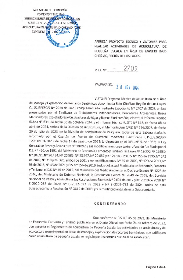 Res. Ex. N° 2709-2024, Aprueba Proyecto Técnico y Autoriza para Realizar Actividades de Acuicultura de Pequeña Escala Experimental en Área de Manejo Bajo Cheñiao, Región de Los Lagos. (Publicado en Página Web 04-12-2024)