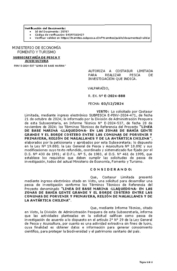  R. EX. Nº E-2024-888 AUTORIZA A COSTASUR LIMITADA PARA REALIZAR PESCA DE INVESTIGACIÓN QUE INDICA. (Publicado en Página Web 05-12-2024)