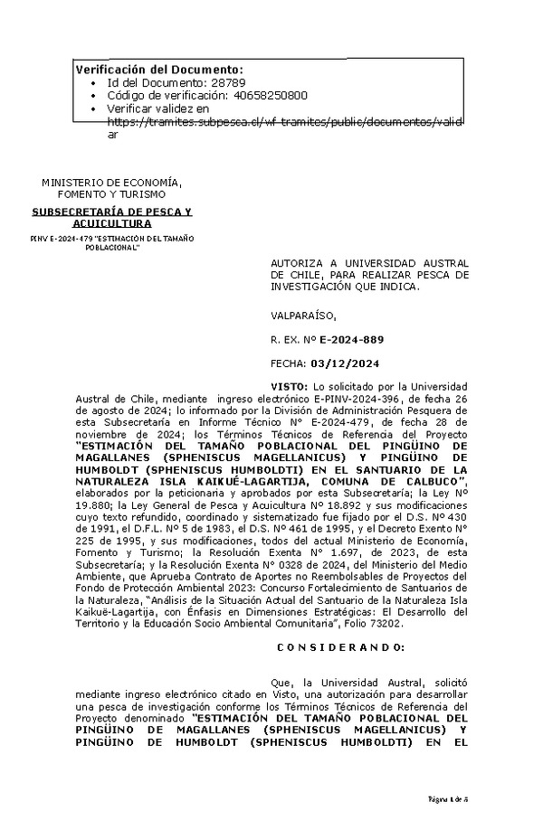  R. EX. Nº E-2024-889 AUTORIZA A UNIVERSIDAD AUSTRAL DE CHILE, PARA REALIZAR PESCA DE INVESTIGACIÓN QUE INDICA. (Publicado en Página Web 05-12-2024)