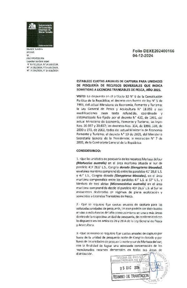 Dec. Ex. Folio 202400166 Establece Cuotas Anuales de Captura para Unidades de Pesquería de Recursos Demersales que Indica Sometidas a Licencias Transables de Pesca, Año 2025. (Publicado en Página Web 09-12-2024)