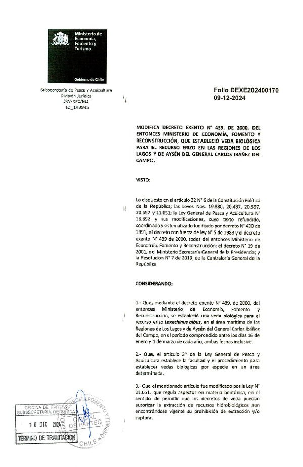 Dec. Ex. Folio 202400170 Modifica Dec. Ex. N° 439-2000 que Estableció Veda Biológica del Recurso Erizo, Regiones de Los Lagos y de Aysén del General Carlos Ibáñez del Campo. (Publicado en Página Web 10-12-2024)