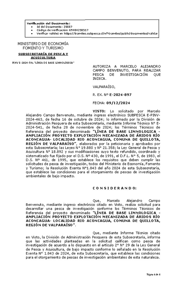 R. EX. Nº E-2024-897 AUTORIZA A MARCELO ALEJANDRO CAMPO BENVENUTO, PARA REALIZAR PESCA DE INVESTIGACIÓN QUE INDICA. (Publicado en Página Web 10-12-2024)