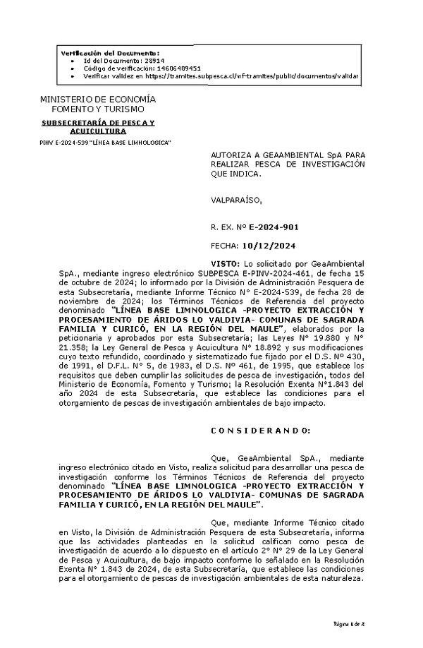 R. EX. Nº E-2024-901 AUTORIZA A GEAAMBIENTAL SpA PARA REALIZAR PESCA DE INVESTIGACIÓN QUE INDICA. (Publicado en Página Web 10-12-2024)