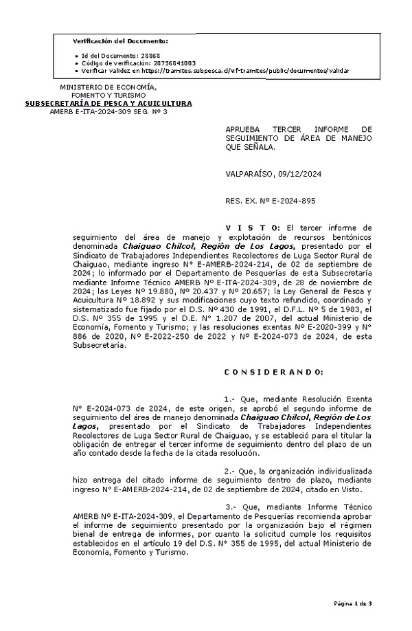 RESOL. EXENTA Nº E-2024-895 Aprueba tercer informe de seguimiento. (Publicado en Página Web 11-12-2024)