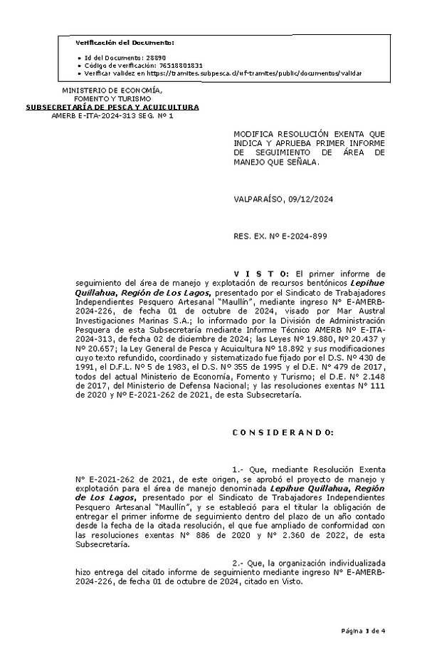 RESOL. EXENTA Nº E-2024-899 Modifica resolución que indica, Aprueba primer informe de seguimiento. (Publicado en Página Web 11-12-2024)