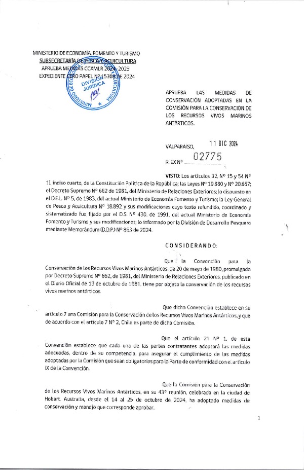 Res. Ex. N° 2775-2024 Aprueba las Medidas de Conservación Adoptadas en la Comisión Para la Conservación de los Recursos Vivos Marinos Antárticos. (Publicado en Página Web 11-12-2024)