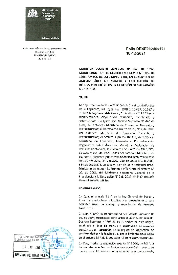 Dec. Ex. Folio 202400171 Modifica D.S. N° 652-1997 en el Sentido de Ampliar Área de Manejo y Explotación de Recursos Bentónicos en la Región de Valparaíso que Indica. (Publicado en Página Web 11-12-2024)