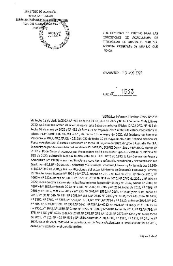 Res. Ex. N° 1563-2024 Fija densidad de cultivo para las concesiones de acuicultura de titularidad de Australis Mar S.A. Aprueba programa de manejo que indica. (Con Informe Técnico) (Publicado en Página Web 11-12-2024)