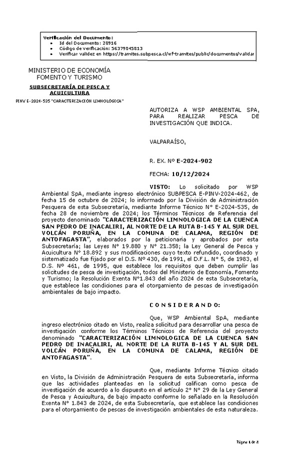 R. EX. Nº E-2024-902 AUTORIZA A WSP AMBIENTAL SPA, PARA REALIZAR PESCA DE INVESTIGACIÓN QUE INDICA. (Publicado en Página Web 12-12-2024)