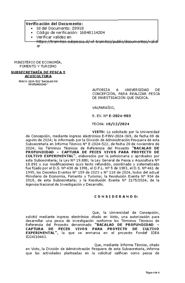 R. EX. Nº E-2024-903 AUTORIZA A UNIVERSIDAD DE CONCEPCIÓN, PARA REALIZAR PESCA DE INVESTIGACIÓN QUE INDICA. (Publicado en Página Web 12-12-2024)