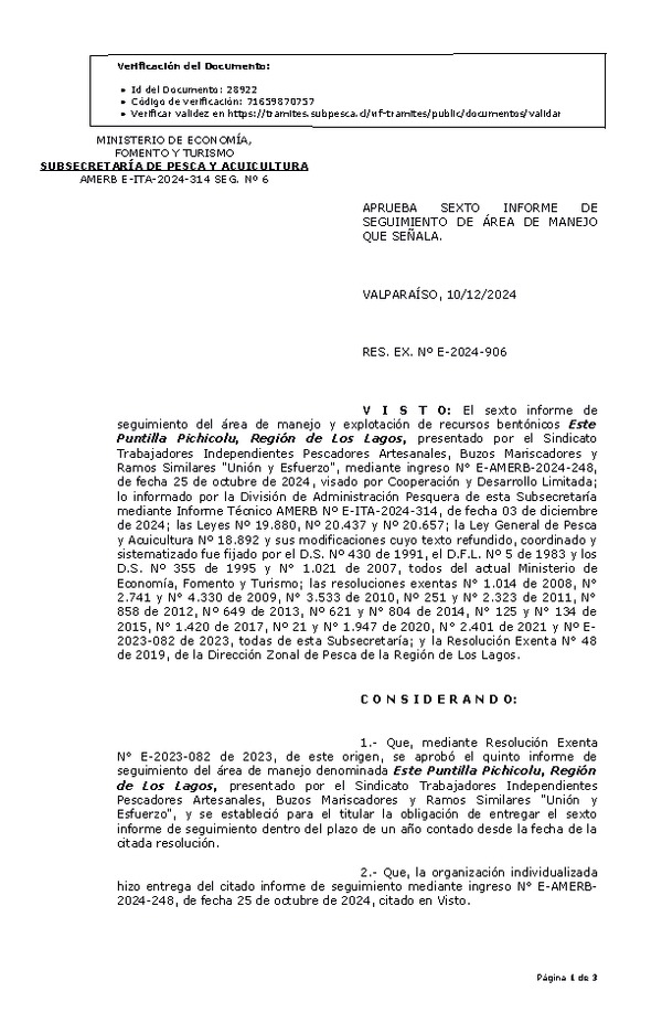 Res. Ex. N° E-2024-906 Aprueba sexto informe de seguimiento. (Publicado en Página Web 12-12-2024)
