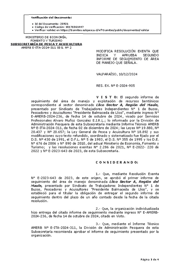 RESOL. EXENTA Nº E-2024-905 Modifica resolución que indica, Aprueba segundo informe de seguimiento. (Publicado en Página Web 12-12-2024)