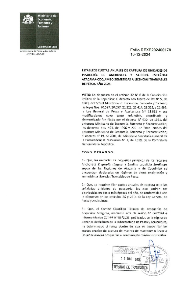 Dec. Ex. Folio 202400178 Establece Cuota de Captura de Unidades de Pesquería de Anchoveta y Sardina Española Atacama-Coquimbo Sometidas a Licencias Transables de Pesca, Año 2025. (Publicado en Página Web 12-12-2024)