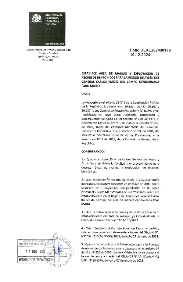Dec. Ex. Folio 202400179 Establece Área de Manejo y Explotación de Recursos Bentónicos para la Región de Aysén del General Carlos Ibáñez del Campo Denominada Faro Marta. (Publicado en Página Web 12-12-2024)