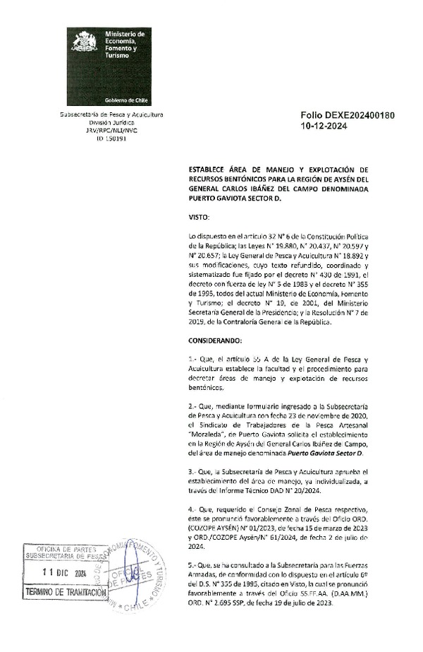 Dec. Ex. Folio 202400180 Establece Área de Manejo y Explotación de Recursos Bentónicos para la Región de Aysén del General Carlos Ibáñez del Campo Denominada Puerto Gaviota Sector D. (Publicado en Página Web 12-12-2024)