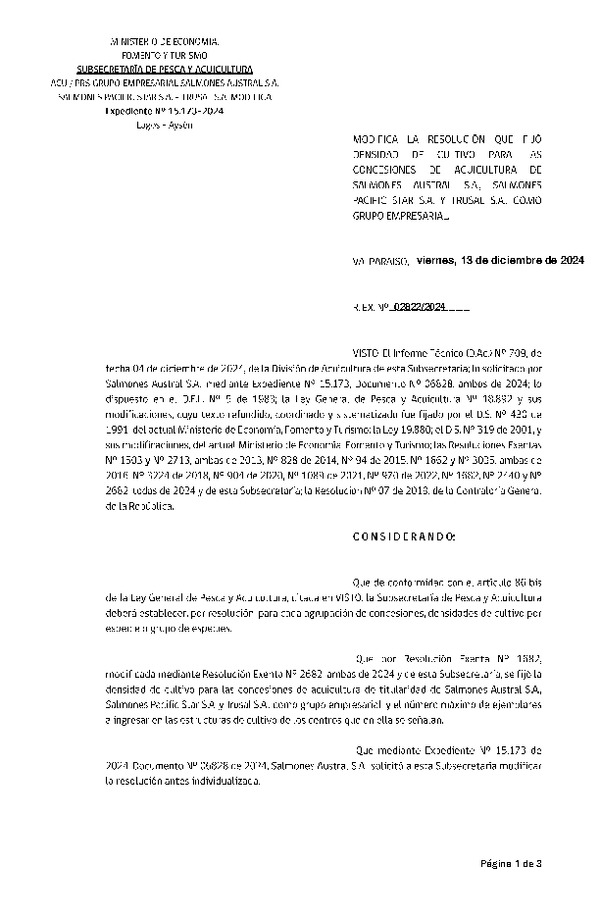 Res. Ex. N° 2822-2024 Modifica Res. Ex. N° 1682-2024 Fija densidad de cultivo para las concesiones de acuicultura de titularidad de Salmones Austral S.A., Salmones Pacific Strar S.A. y Trusal S.A., como grupo empresarial. Aprueba Programa de Manejo que Indica. (Con informe técnico) (Publicado en Página Web 16-12-2024)