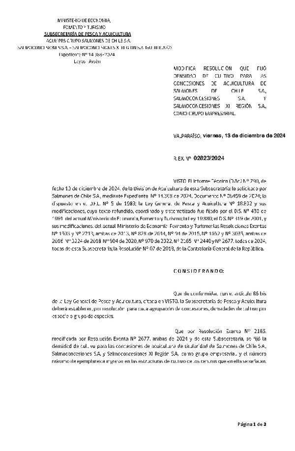 Res. Ex. N° 2823-2024 Modifica Res. Ex. Nº 2165-2024 Fija densidad de cultivo para las concesiones de acuicultura de titularidad de Salmones de Chile S.A. Salmoconcesiones S.A. y Salmoconcesiones XI Región S.A., como grupo empresarial. Aprueba Programa de Manejo que Indica. (Con informe técnico) (Publicado en Página Web 16-12-2024)