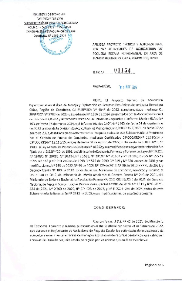 Res. Ex. N° 1154-2024, Aprueba Proyecto Técnico y Autoriza para Realizar Actividades de Acuicultura de Pequeña Escala Experimental en Área de Manejo Herradura Chica, Región de Coquimbo. (Publicado en Página Web 17-12-2024)
