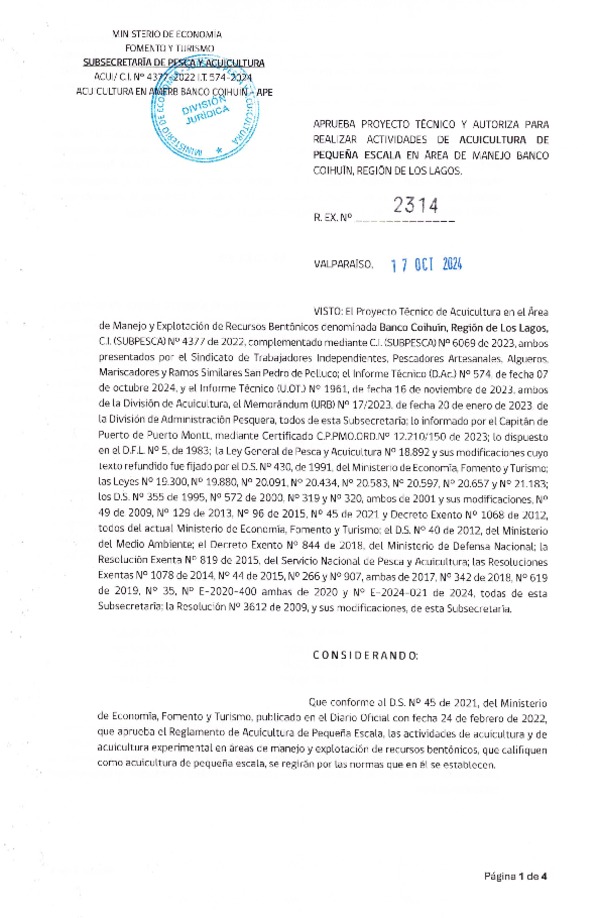 Res. Ex. N° 2314-2024, Aprueba Proyecto Técnico y Autoriza para Realizar Actividades de Acuicultura de Pequeña Escala Experimental en Área de Manejo Banco Coihuín, Región de Los Lagos. (Publicado en Página Web 17-12-2024)