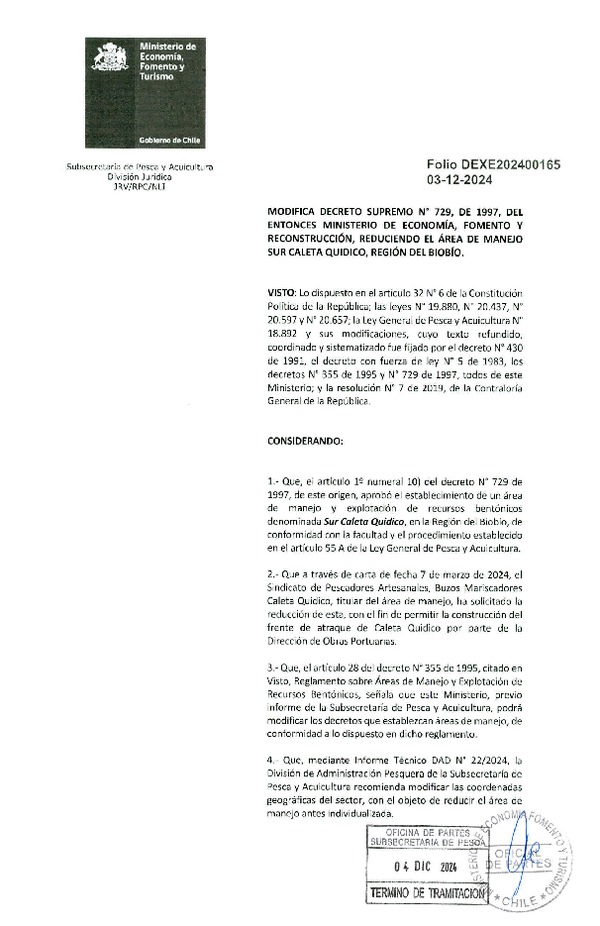 Dec. Ex. Folio 202400165 Modifica D.S. N° 729-1997 Reduciendo el Área de Manejo Sur Caleta Quidico, Región del Biobío. (Publicado en Página Web 17-12-2024)