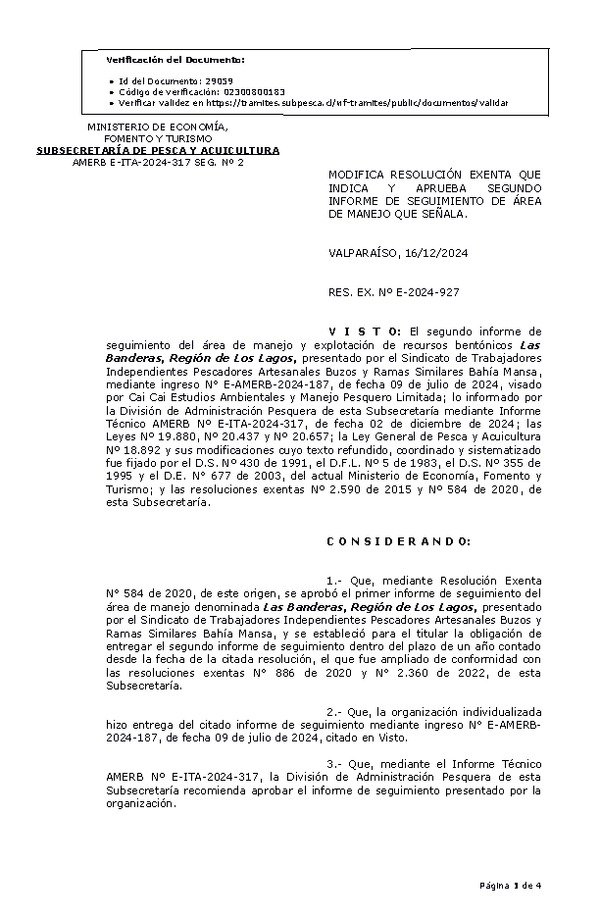 RESOL. EXENTA Nº E-2024-927 Modifica resolución que indica y aprueba segundo informe de seguimiento. (Publicado en Página Web 17-12-2024)