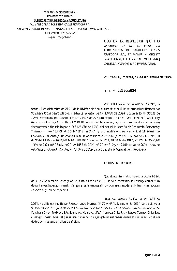 Res. Ex. N° 2850-2024 Modifica Res. Ex. N° 1457-2023 Fija densidad de cultivo para las concesiones de acuicultura de Southern Cross Seafoods S.A., Salmones Humboldt SpA., Cermaq Chile S.A. y Nueva Cermaq Chile S.A., como Grupo Empresarial. (Con informe técnico) (Publicado en Página Web 18-12-2024)