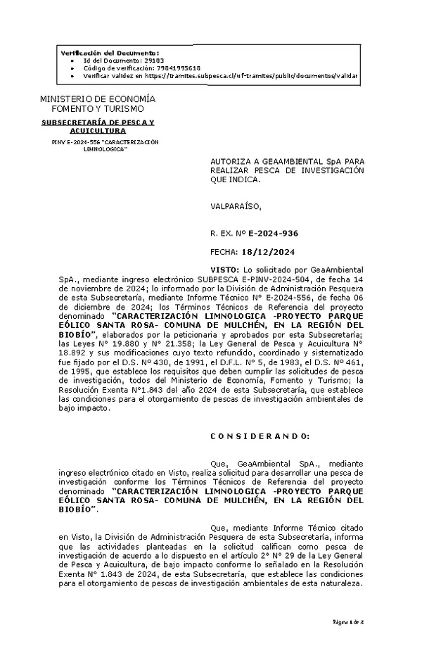 Res. Ex. N° E-2024-936 AUTORIZA A GEAAMBIENTAL SpA PARA REALIZAR PESCA DE INVESTIGACIÓN QUE INDICA. (Publicado en Página Web 18-12-2024)