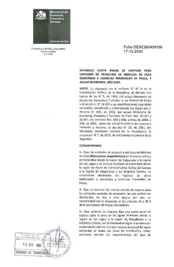 Dec. Ex. Folio 202400196 Establece Cuota Anual de Captura para unidades de Pesquerías de Merluza de Cola, Sometidas a Licencias Transables de Pesca y Aguas Interiores, Año 2025. (Publicado en Página Web 19-12-2024)