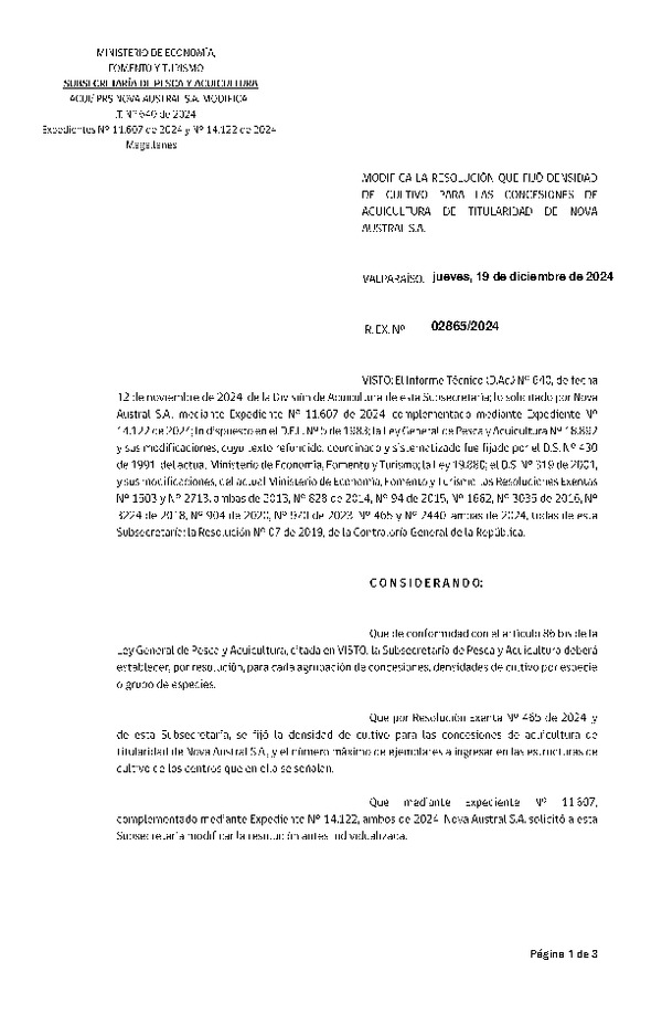 Res. Ex. N° 2865-2024 Modifica Res. Ex. N° 00465-2024, Fija densidad de cultivo para las concesiones de titularidad de Nova Austral S.A. Aprueba programa de manejo que indica.(Con Informe Técnico)(Publicado en Página Web 20-12-2024)