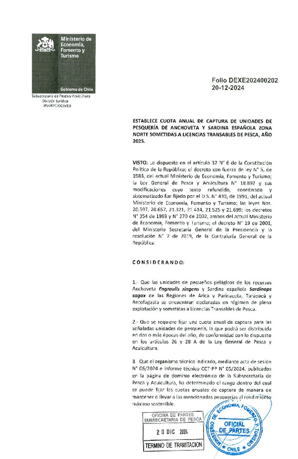 Dec. Ex. Folio 202400202 Establece Cuota de Captura de Unidades de Pesquería de Anchoveta y Sardina Española Zona Norte Sometidas a Licencias Transables de Pesca, Año 2025. (Publicado en Página Web 20-12-2024)
