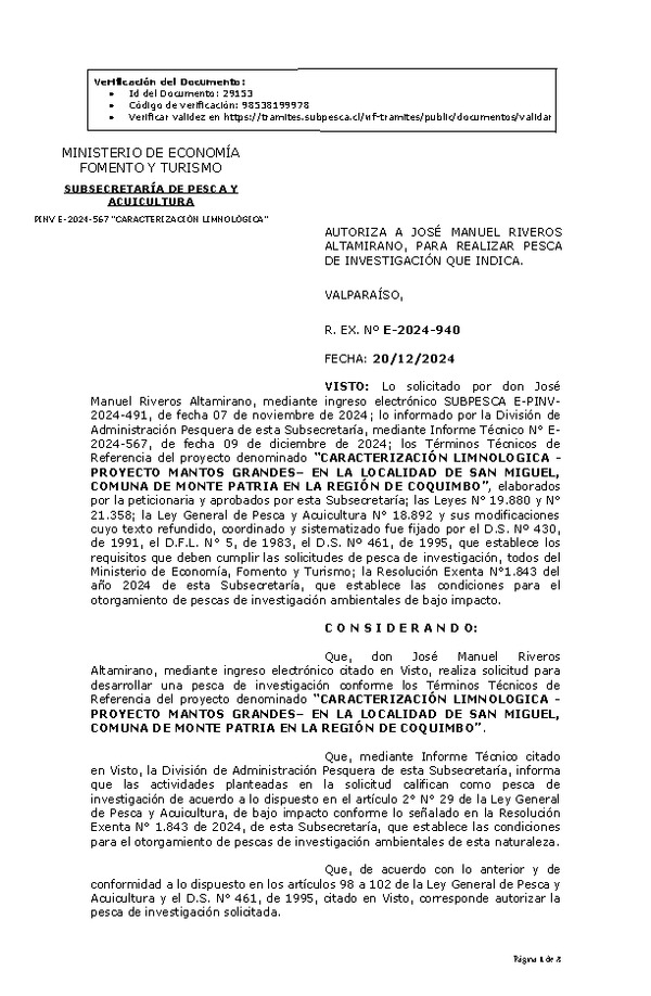 Res. Ex. N° E-2024-940 AUTORIZA A JOSÉ MANUEL RIVEROS ALTAMIRANO, PARA REALIZAR PESCA DE INVESTIGACIÓN QUE INDICA. (Publicado en Página Web 20-12-2024)