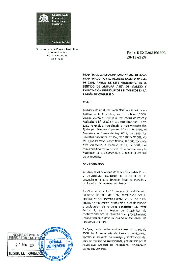 Dec. Ex. Folio 202400203 Modifica D.S. Nº 509-1997 Área de Manejo, Región de Coquimbo. (Publicado en Página Web 20-12-2024)