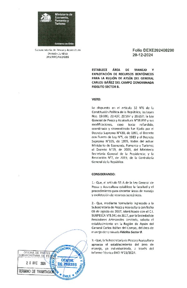 Dec. Ex. Folio 202400200 Establece Área de Manejo y Explotación de Recursos Bentónicos para la Región de Aysén del General Carlos Ibáñez del Campo Denominada Fidelito sector B. (Publicado en Página Web 23-12-2024)