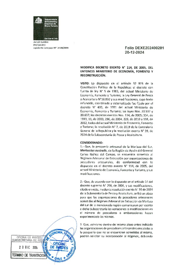 Dec. Ex. Folio 202400201 Modifica Dec. Ex. N°114-2005 Que Estableció Régimen Artesanal de Extracción para la Pesquería Artesanal de Merluza del sur, Región de Aysén. (Publicado en Página Web 23-12-2024)