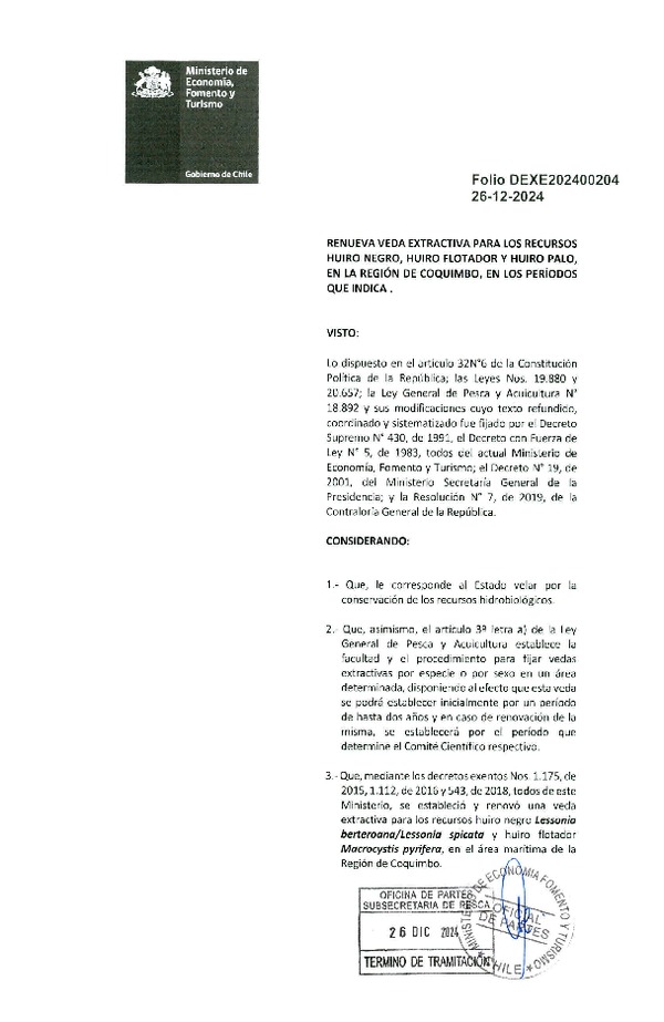 Dec. Ex. Folio 202400204 Renueva Veda Extractiva Para el Recursos Huiro Negro, Huiro Flotador y Huiro Palo, en la Región de Coquimbo en los Períodos que Indica. (Publicado en Página Web 27-12-2024)