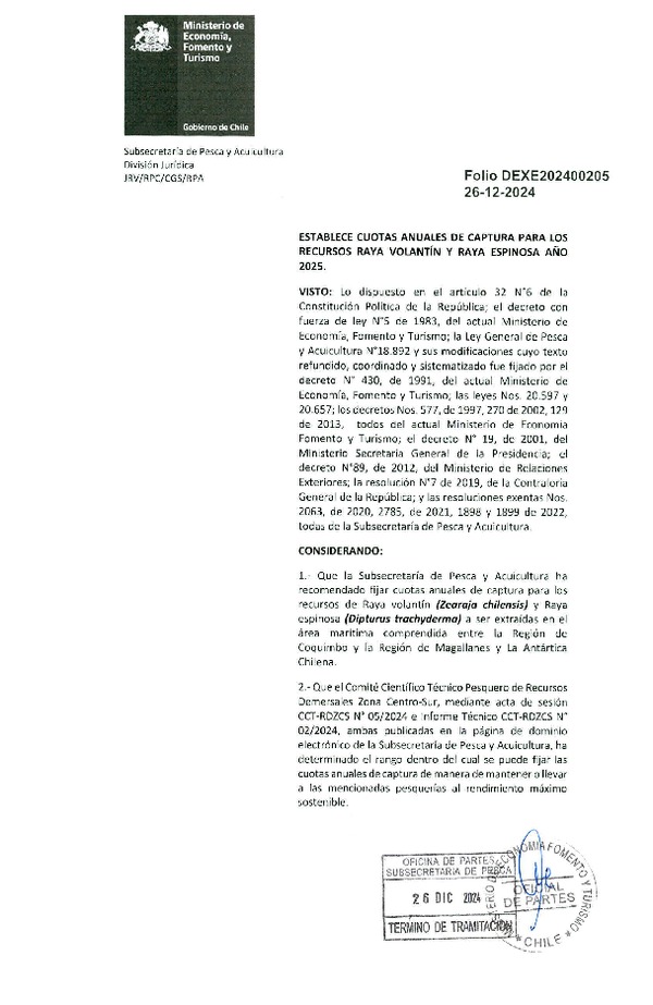 Dec. Ex. Folio N° 202400205 Establece Cuotas Anuales de Captura para los Recursos Raya Volantín y Raya Espinosa Año 2025. (Publicado en Página Web 27-12-2024)