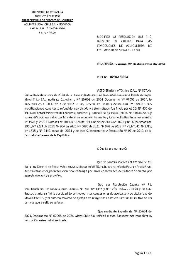 Res. Ex. N° 2941-2024 Modifica Res. Ex. N° 71-2024 Fija densidad de cultivo para las concesiones de acuicultura de titularidad de Mowi Chile S.A. (Con informe técnico) (Publicado en Página Web 30-12-2024)